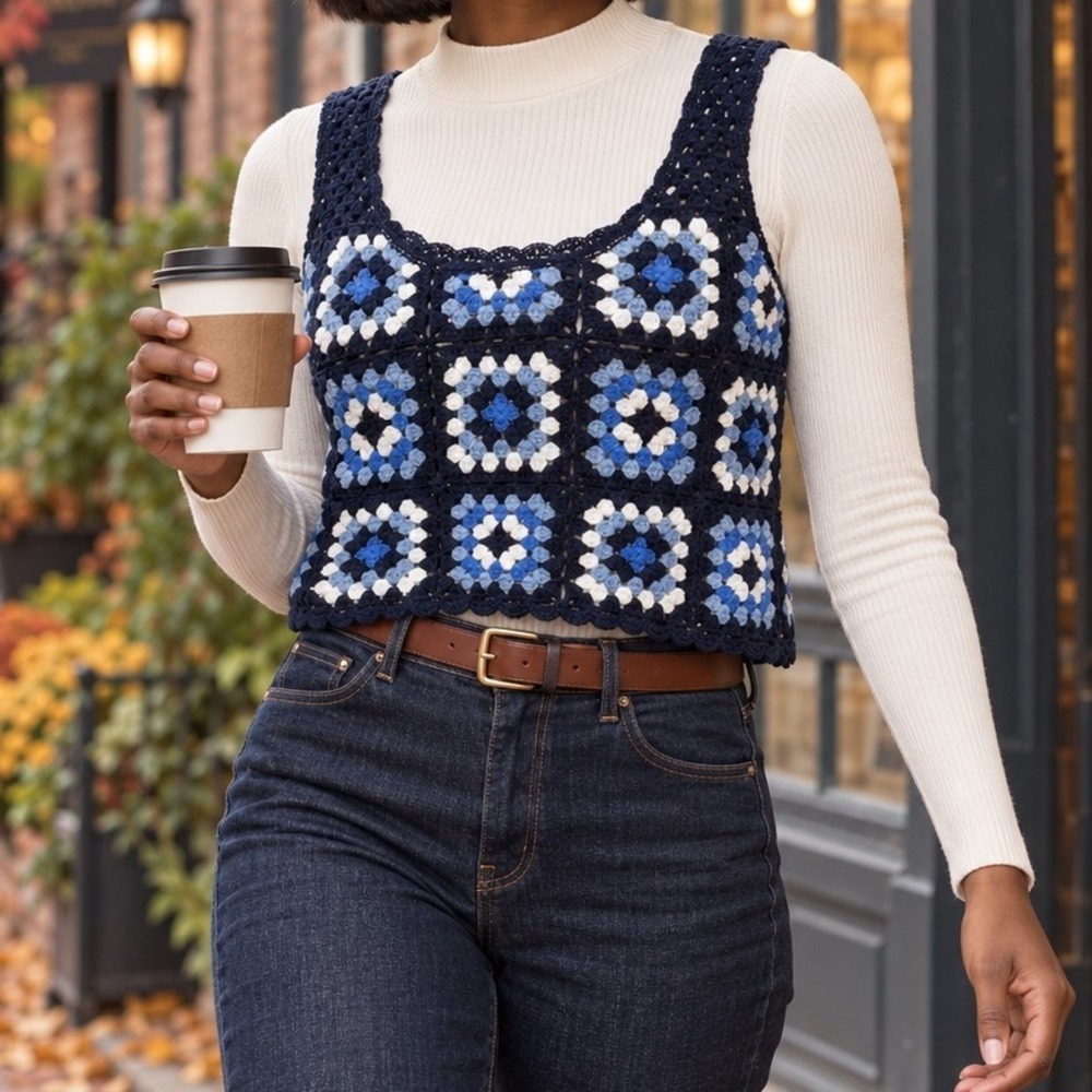 Sincerely Jules Size XS Crochet Granny Square Tank Top Navy Blue Boho Women